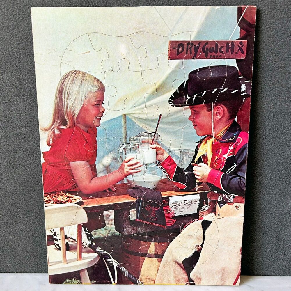 Vintage 1950s Dry Gulch Little Cowboy Drinking Milk Frame Tray Puzzle 28 Pieces